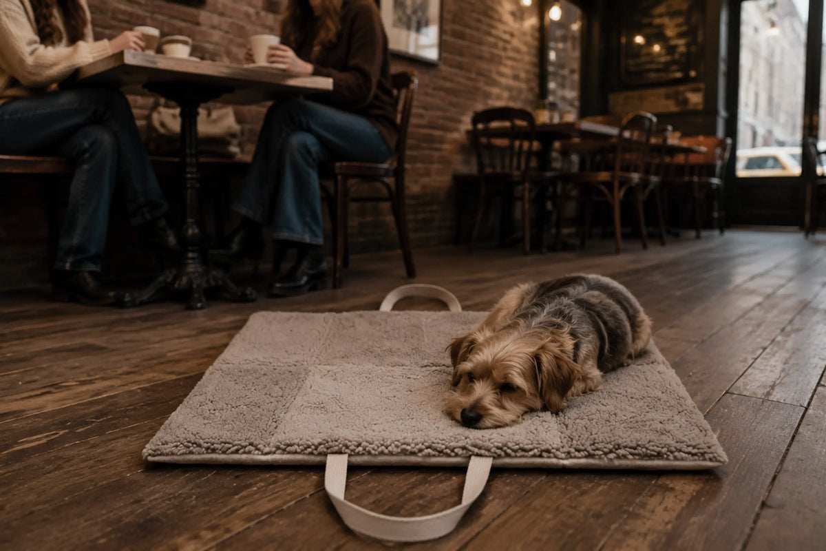 DOGS IN THE CITY Reisematte Travel Pac Paddy Gravel in Beige – Hund entspannt auf der Matte im Restaurant