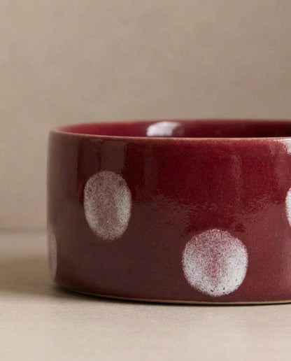 EGG BACK HOME Hundenapf Pop Dots Burgunder 2er-Set – Detail der Glasur 16,5 cm