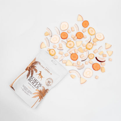 LILA LOVES IT Kokos Rolls 200 g – Kokos-Snacks mit Zutaten auf hellem Hintergrund