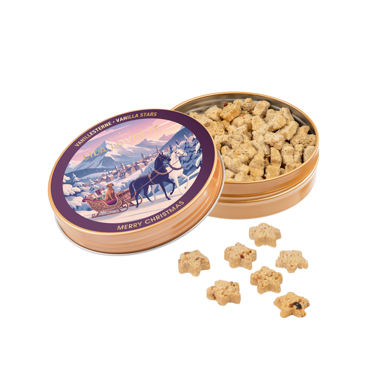 LILA LOVES IT Weihnachts-Goodies 2026 – geöffnete Dose mit Kokos-Vanille-Sternchen 60 g