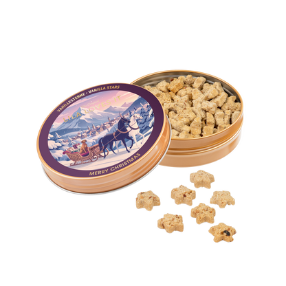 LILA LOVES IT Weihnachts-Goodies 2026 – geöffnete Dose mit Kokos-Vanille-Sternchen 60 g