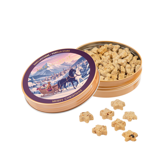 LILA LOVES IT Weihnachts-Goodies 2026 – geöffnete Dose mit Kokos-Vanille-Sternchen 60 g