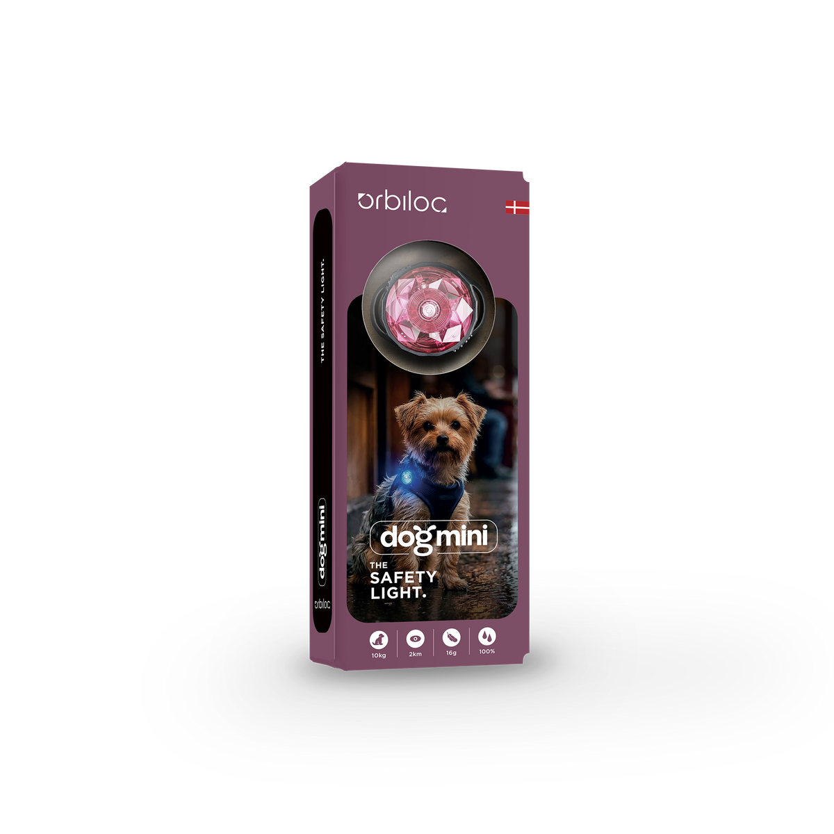 ORBILOC Dog MINI Blossom – rosa LED-Sicherheitslicht für kleine Hunde, Verpackungsansicht