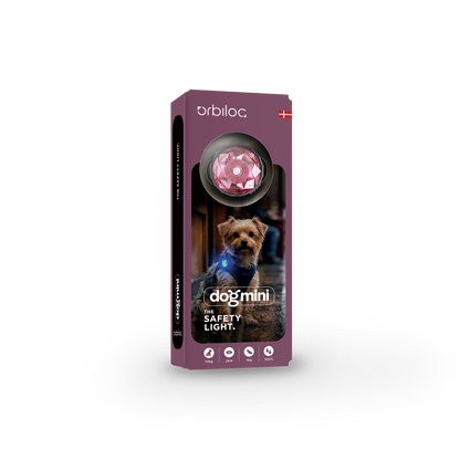 ORBILOC Dog MINI Blossom – rosa LED-Sicherheitslicht für kleine Hunde, Verpackungsansicht