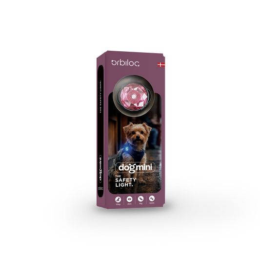 ORBILOC Dog MINI Blossom – rosa LED-Sicherheitslicht für kleine Hunde, Verpackungsansicht