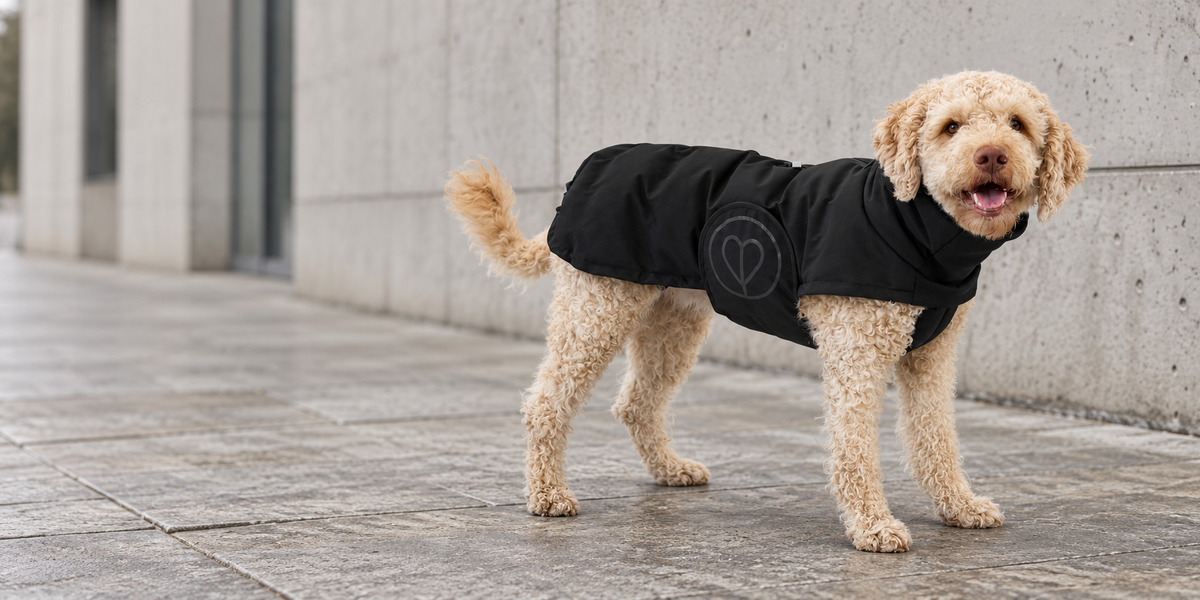 Hund im schwarzen PALOPA Nolia Wintermantel vor einer Betonfassade