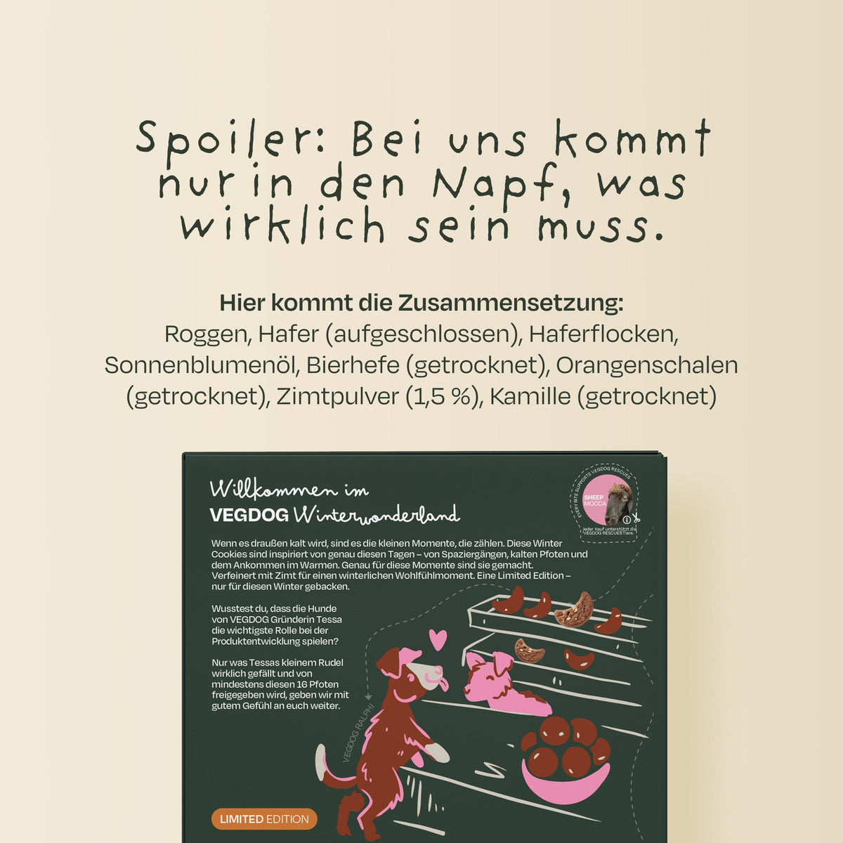 VEGDOG Winter Cookies – Zusammensetzung und Verpackungsrückseite