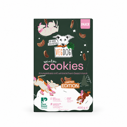 VEGDOG Winter Cookies mit Zimt 400 g – freigestellte Verpackung auf weißem Hintergrund mit leichtem Schatten